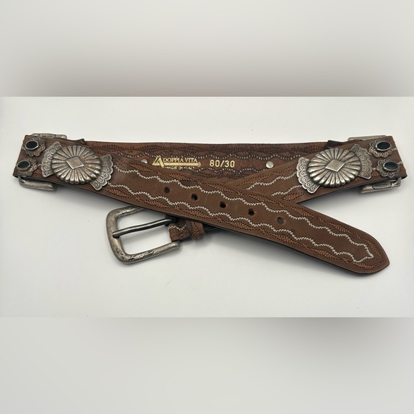 Adoppia Vita Accessories - Adoppia Vita Belt 30" Brown Leather Silver Concho Medallion Onyx Western Vtg